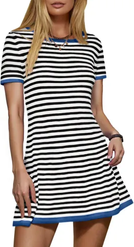 Women's 2025 Spring Summer Striped Sweater Dress Casual Crewneck Short Sleeve Ribbed Knit Bodycon Mini Dresses