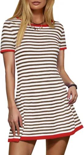 Women's 2025 Spring Summer Striped Sweater Dress Casual Crewneck Short Sleeve Ribbed Knit Bodycon Mini Dresses