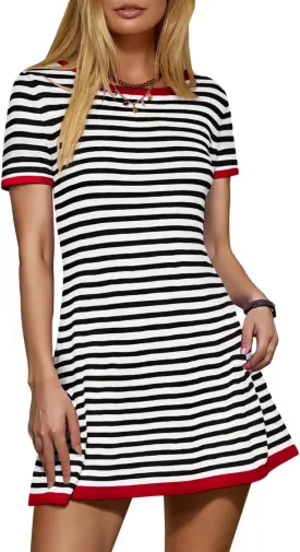 Women's 2025 Spring Summer Striped Sweater Dress Casual Crewneck Short Sleeve Ribbed Knit Bodycon Mini Dresses