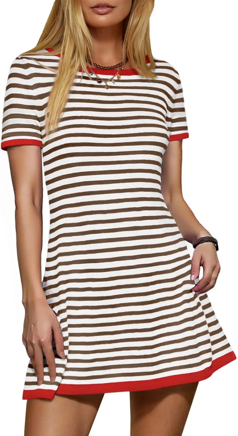 Women's 2025 Spring Summer Striped Sweater Dress Casual Crewneck Short Sleeve Ribbed Knit Bodycon Mini Dresses