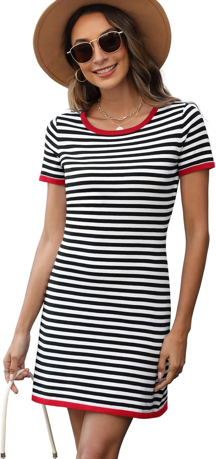 Women's 2025 Spring Summer Striped Sweater Dress Casual Crewneck Short Sleeve Ribbed Knit Bodycon Mini Dresses