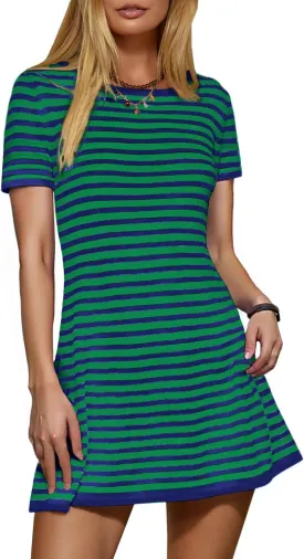 Women's 2025 Spring Summer Striped Sweater Dress Casual Crewneck Short Sleeve Ribbed Knit Bodycon Mini Dresses