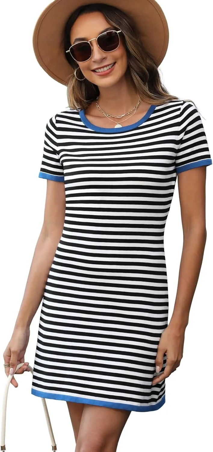 Women's 2025 Spring Summer Striped Sweater Dress Casual Crewneck Short Sleeve Ribbed Knit Bodycon Mini Dresses