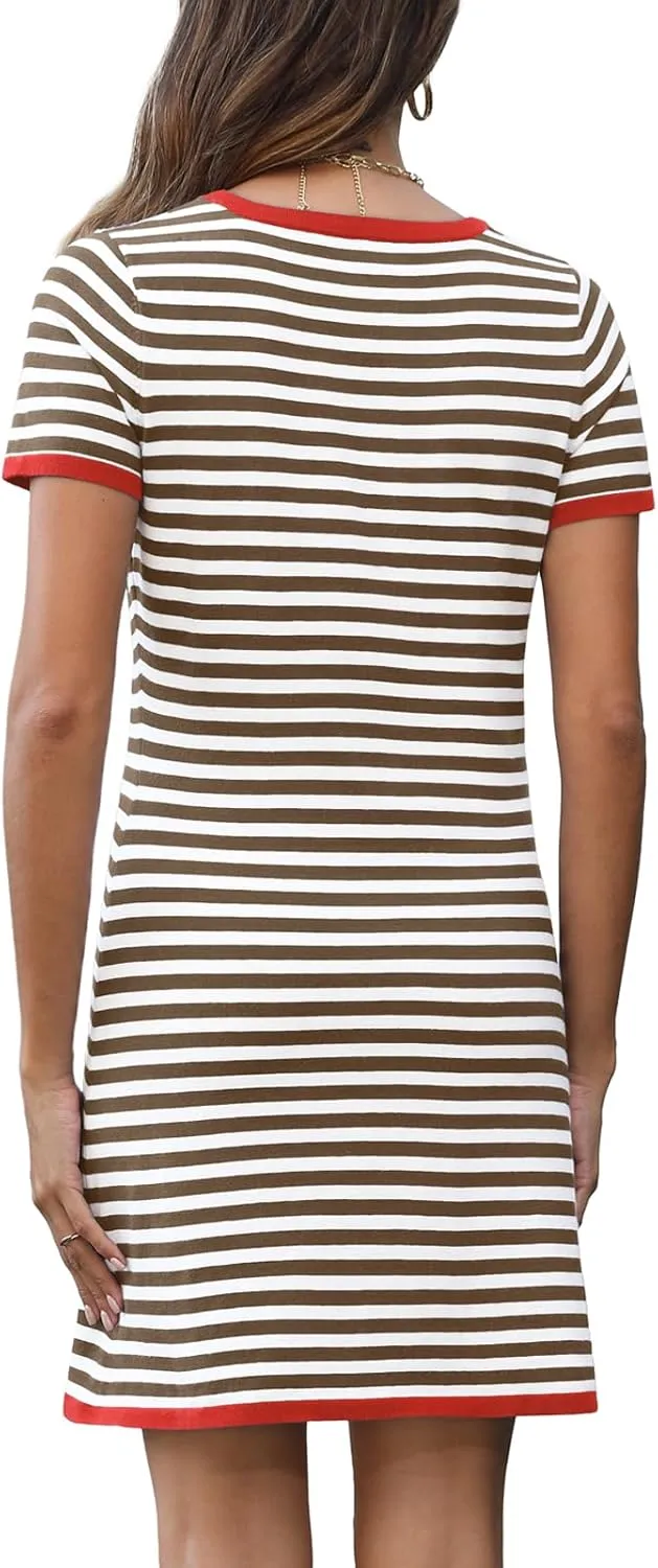 Women's 2025 Spring Summer Striped Sweater Dress Casual Crewneck Short Sleeve Ribbed Knit Bodycon Mini Dresses