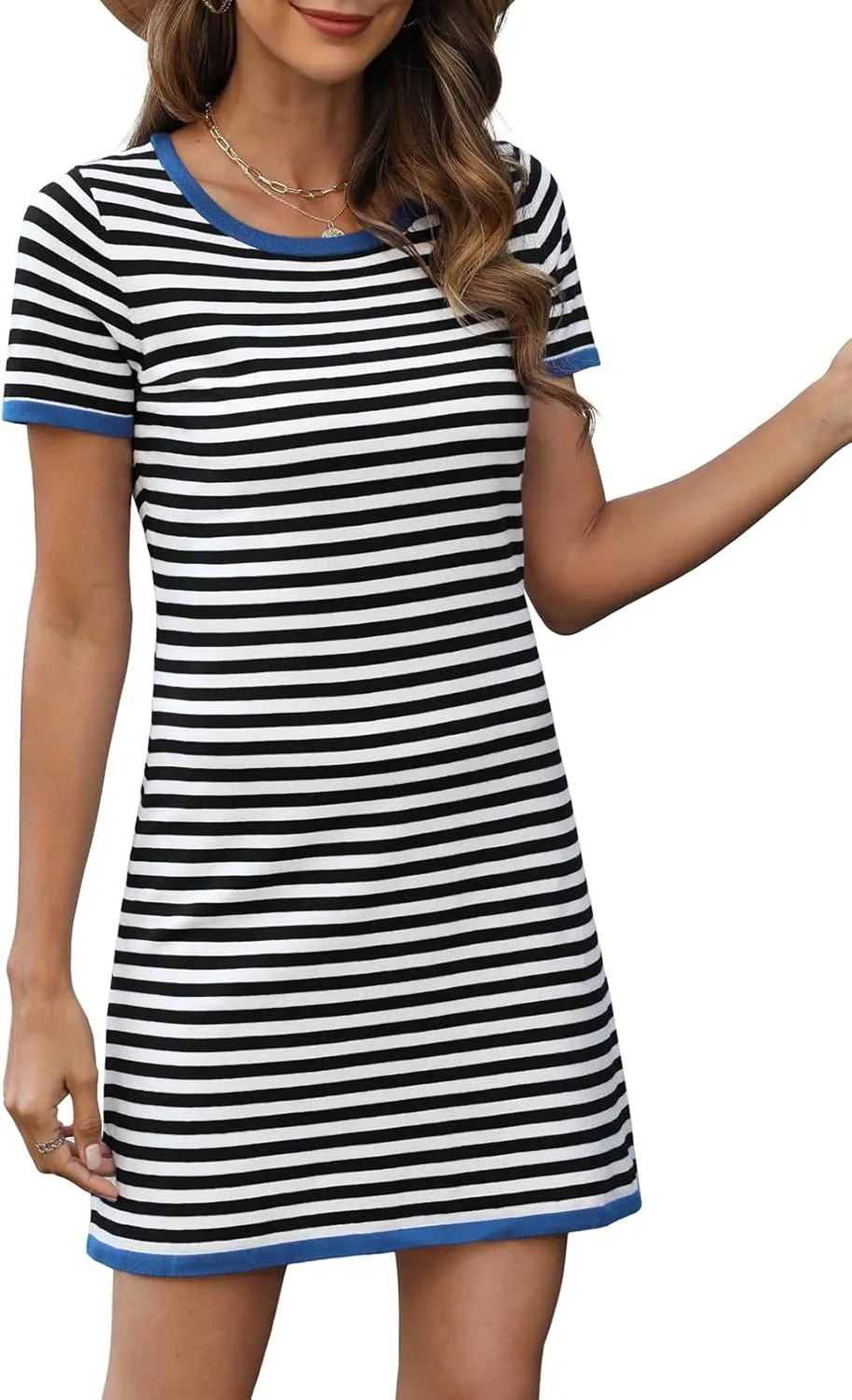 Women's 2025 Spring Summer Striped Sweater Dress Casual Crewneck Short Sleeve Ribbed Knit Bodycon Mini Dresses