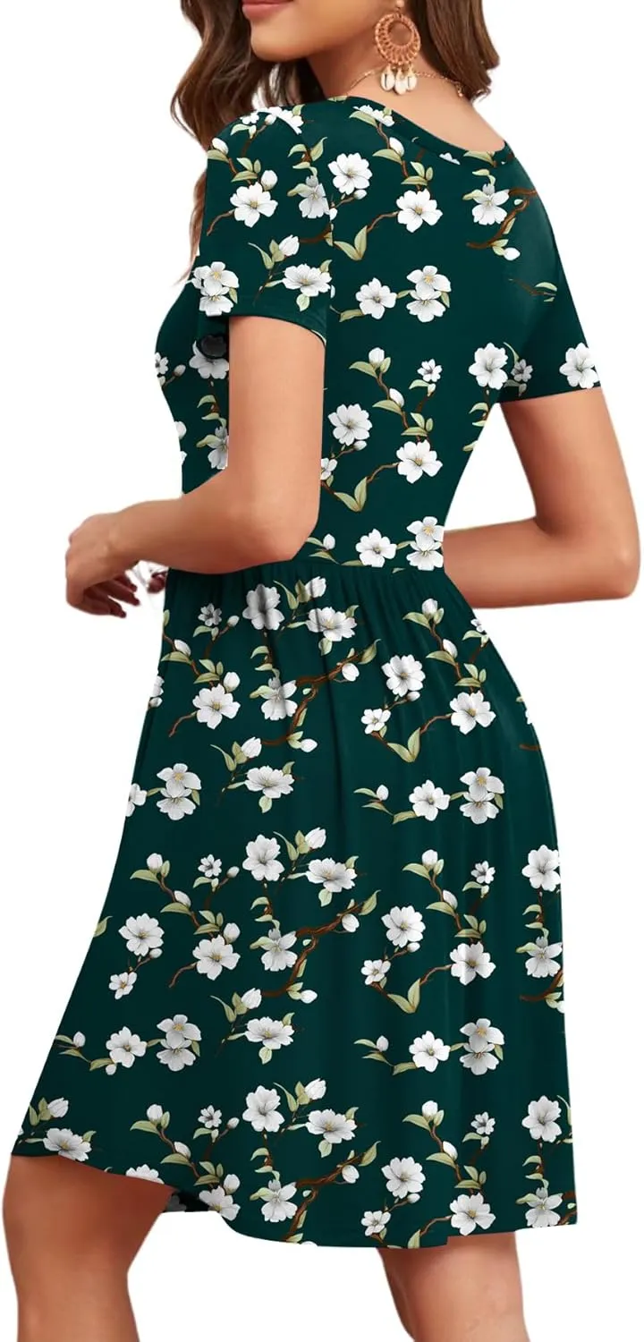 Women's 2025 Summer Short Sleeve Dresses Casual Loose Fit Swing T Shirt Dress V Neck Sundress with Pockets