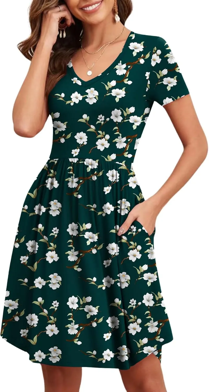 Women's 2025 Summer Short Sleeve Dresses Casual Loose Fit Swing T Shirt Dress V Neck Sundress with Pockets
