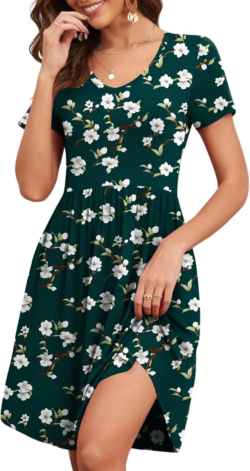 Women's 2025 Summer Short Sleeve Dresses Casual Loose Fit Swing T Shirt Dress V Neck Sundress with Pockets