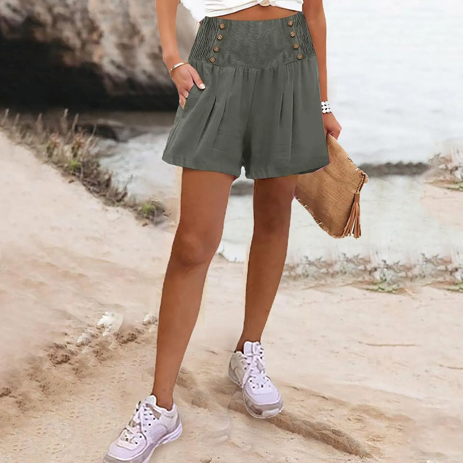 Women's Beach Shorts Smocked High Waisted Summer Shorts Wide Leg Flowy Casual Short Lounge Pants Preppy Clothes