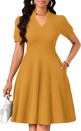 Womens Casual Summer Dresses Short Puff Sleeve V Neck A Line Wedding Guest Midi Dresses with Pockets