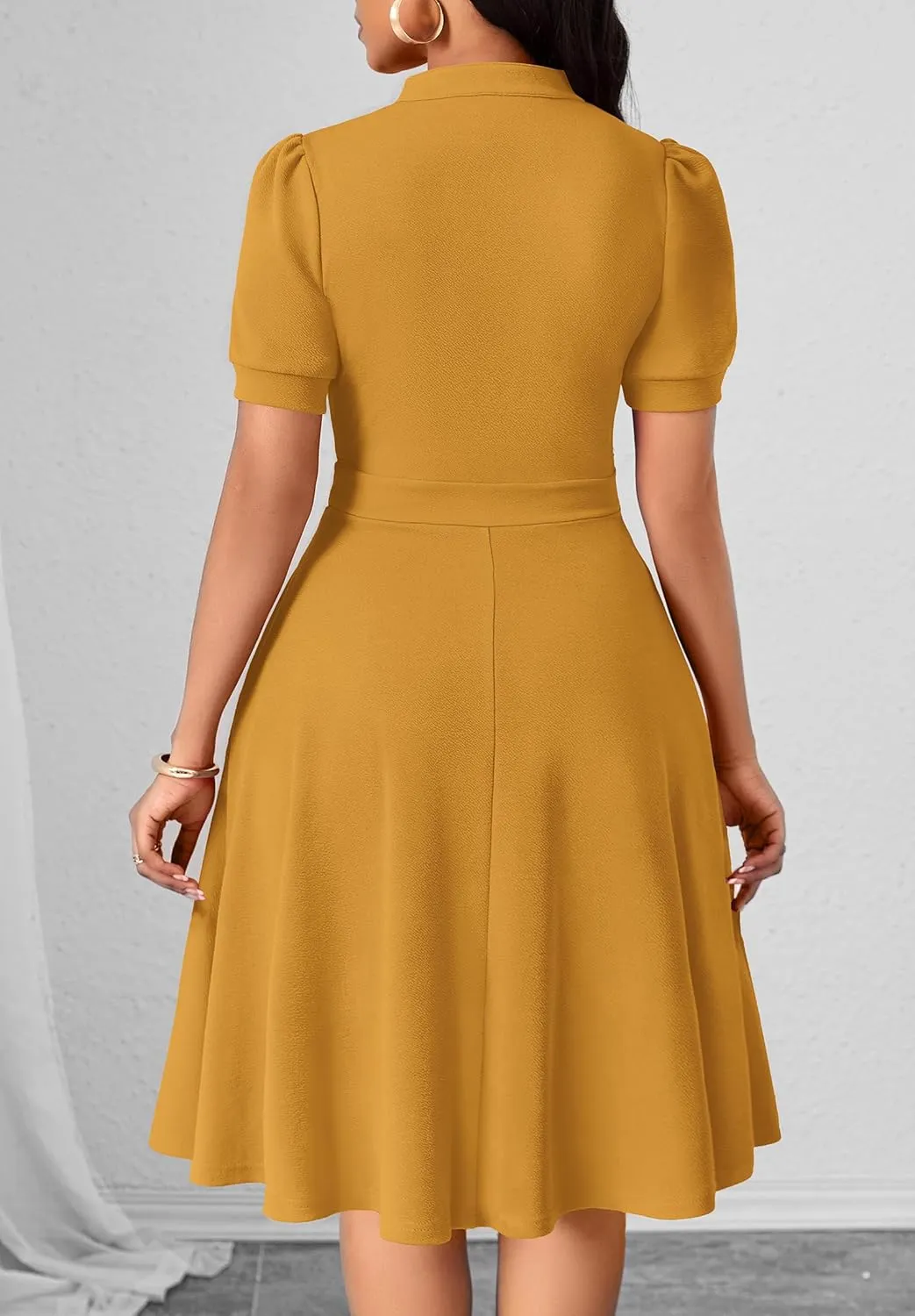 Womens Casual Summer Dresses Short Puff Sleeve V Neck A Line Wedding Guest Midi Dresses with Pockets