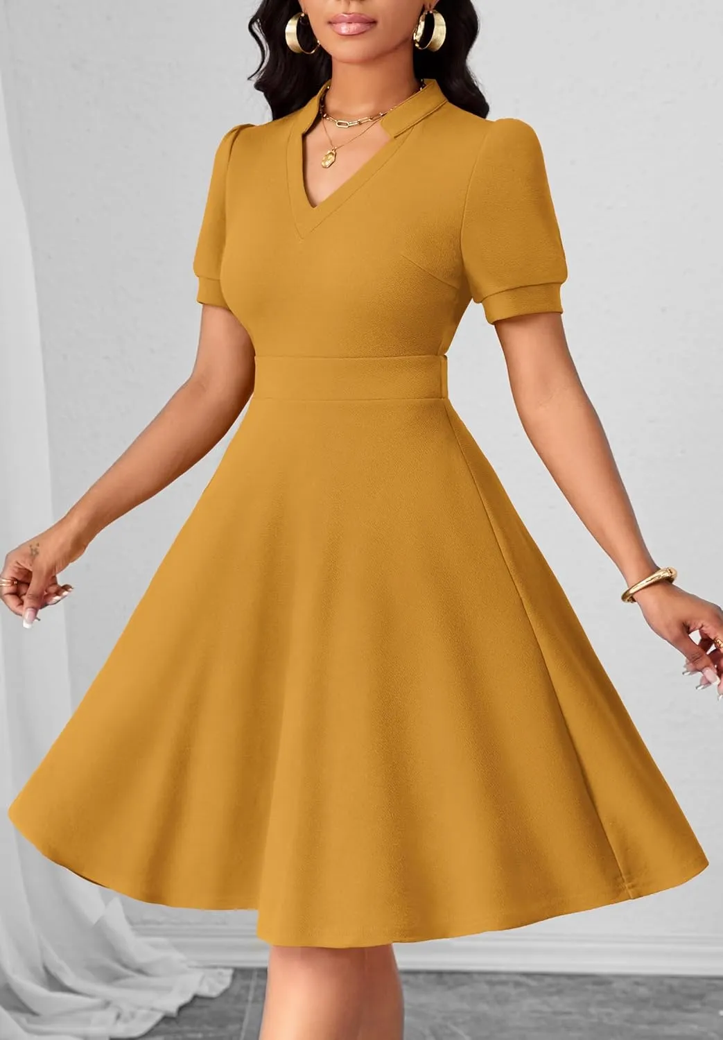 Womens Casual Summer Dresses Short Puff Sleeve V Neck A Line Wedding Guest Midi Dresses with Pockets