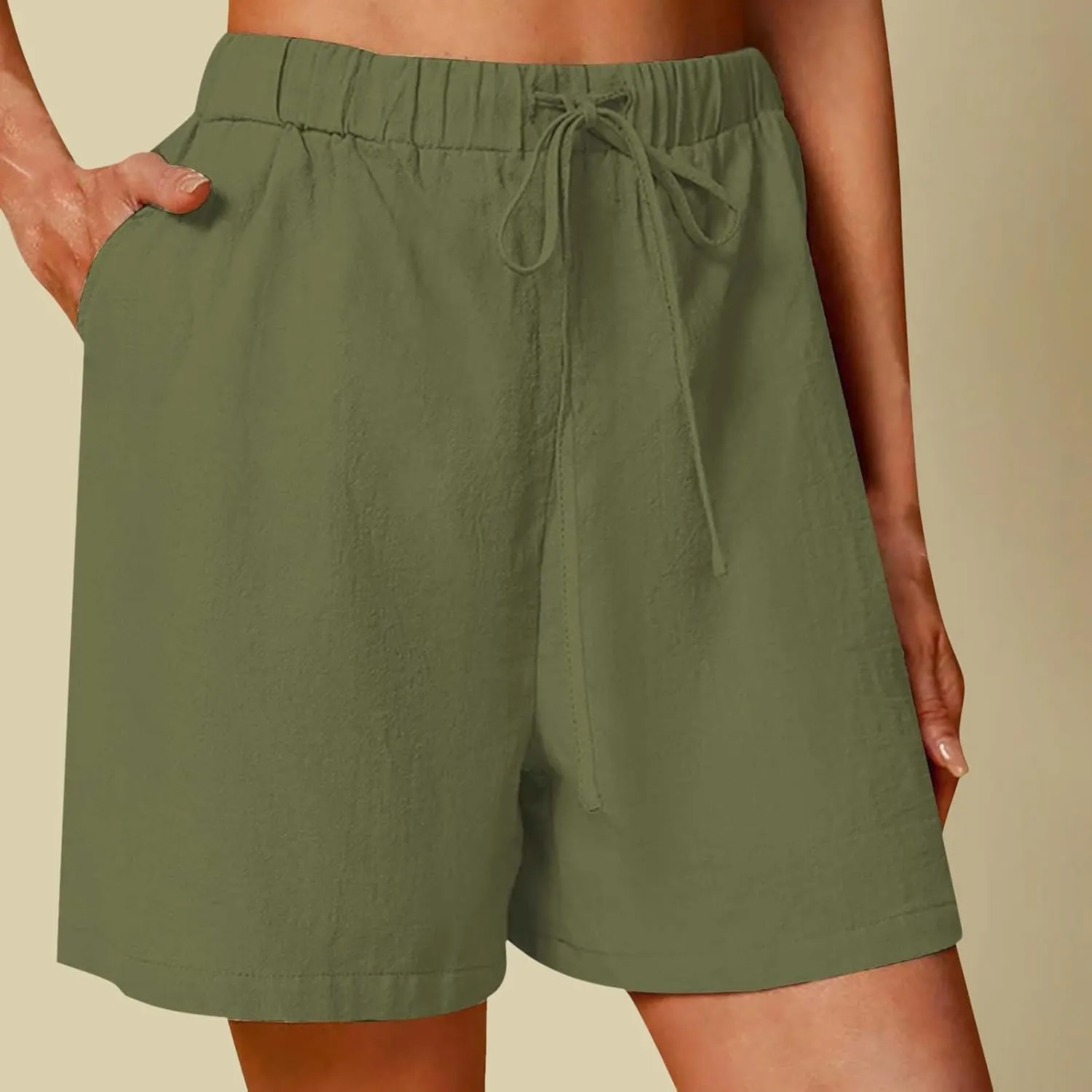 Women's Linen Summer Shorts Knee Length Casual Bermuda Shorts Wide Leg High Waist Drawstring Short Pants with Pocket
