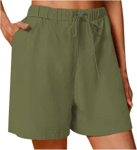 Women's Linen Summer Shorts Knee Length Casual Bermuda Shorts Wide Leg High Waist Drawstring Short Pants with Pocket