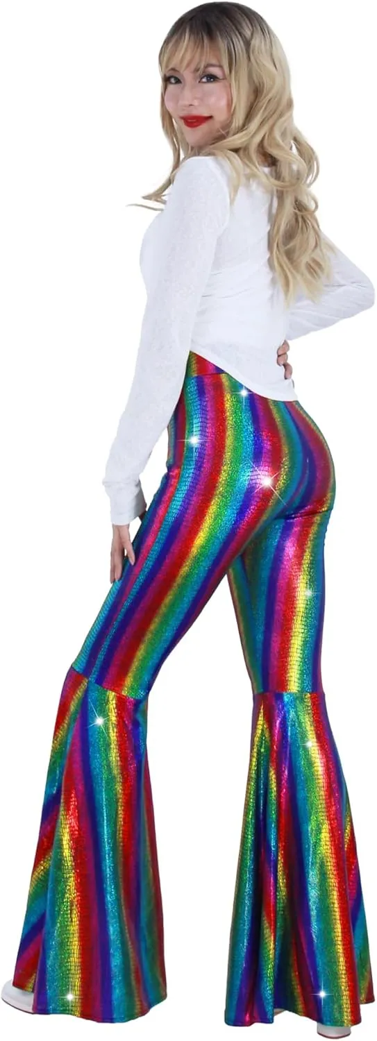 Womens Sequin Flare Pant Sparkly High Waisted Leg Bell Bottom Glitter Trousers Night Out Clubwear