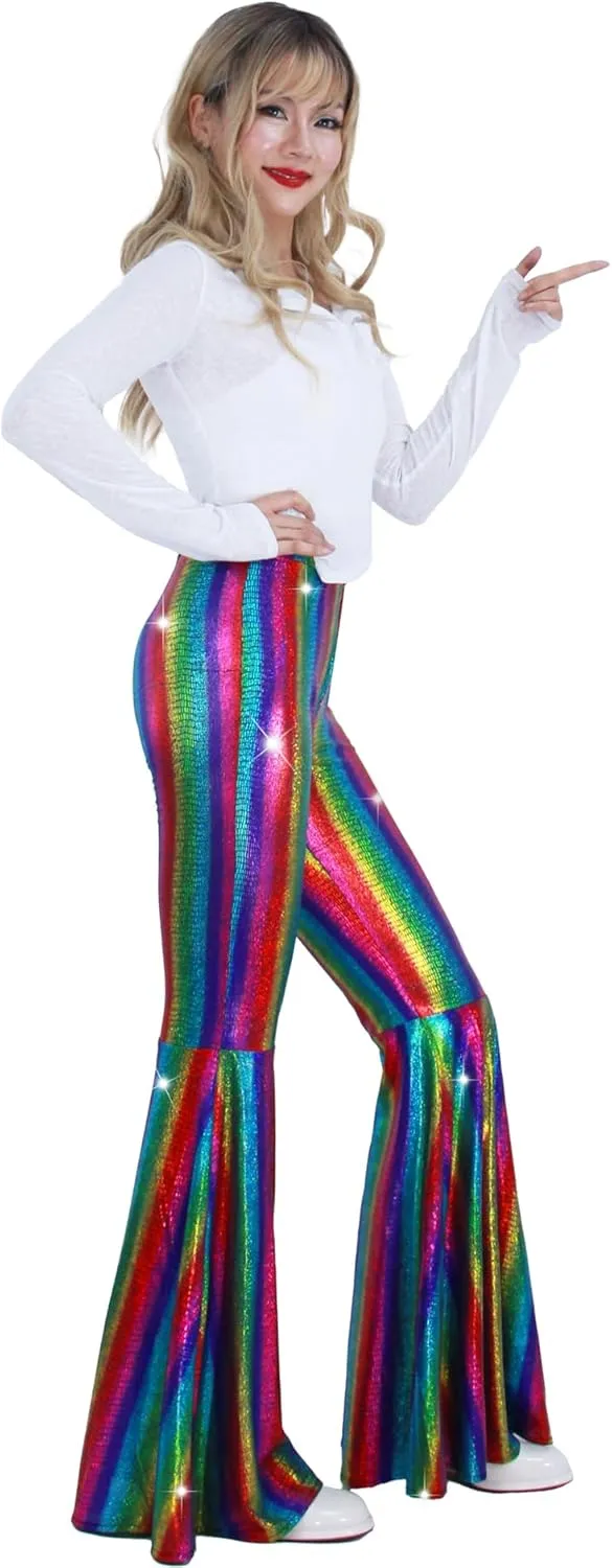 Womens Sequin Flare Pant Sparkly High Waisted Leg Bell Bottom Glitter Trousers Night Out Clubwear