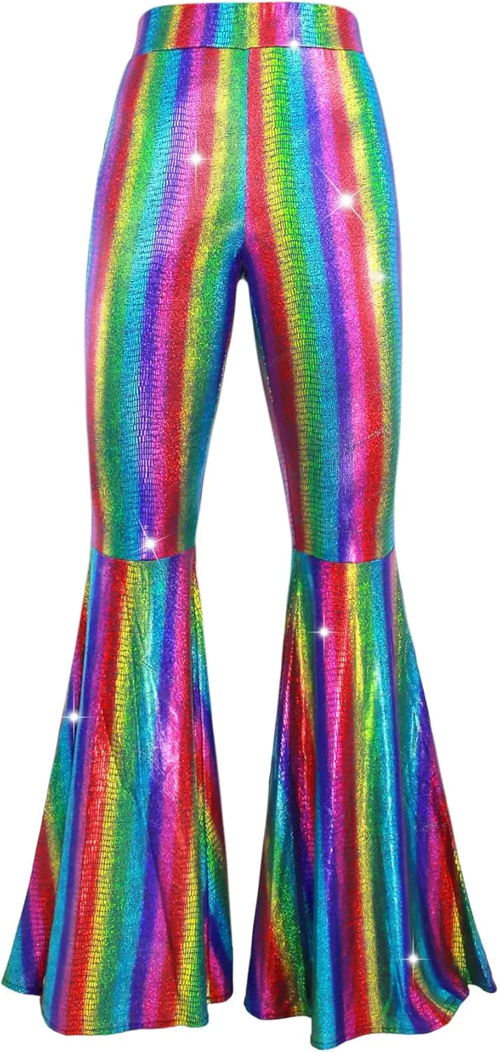 Womens Sequin Flare Pant Sparkly High Waisted Leg Bell Bottom Glitter Trousers Night Out Clubwear