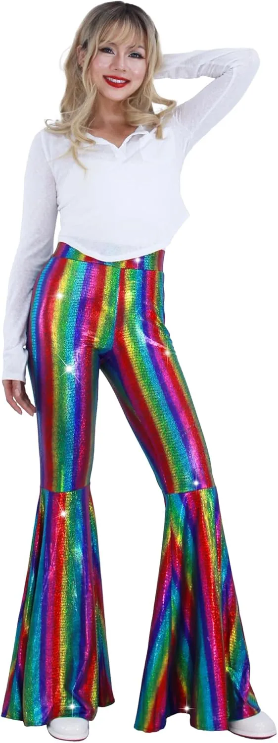 Womens Sequin Flare Pant Sparkly High Waisted Leg Bell Bottom Glitter Trousers Night Out Clubwear