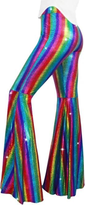 Womens Sequin Flare Pant Sparkly High Waisted Leg Bell Bottom Glitter Trousers Night Out Clubwear
