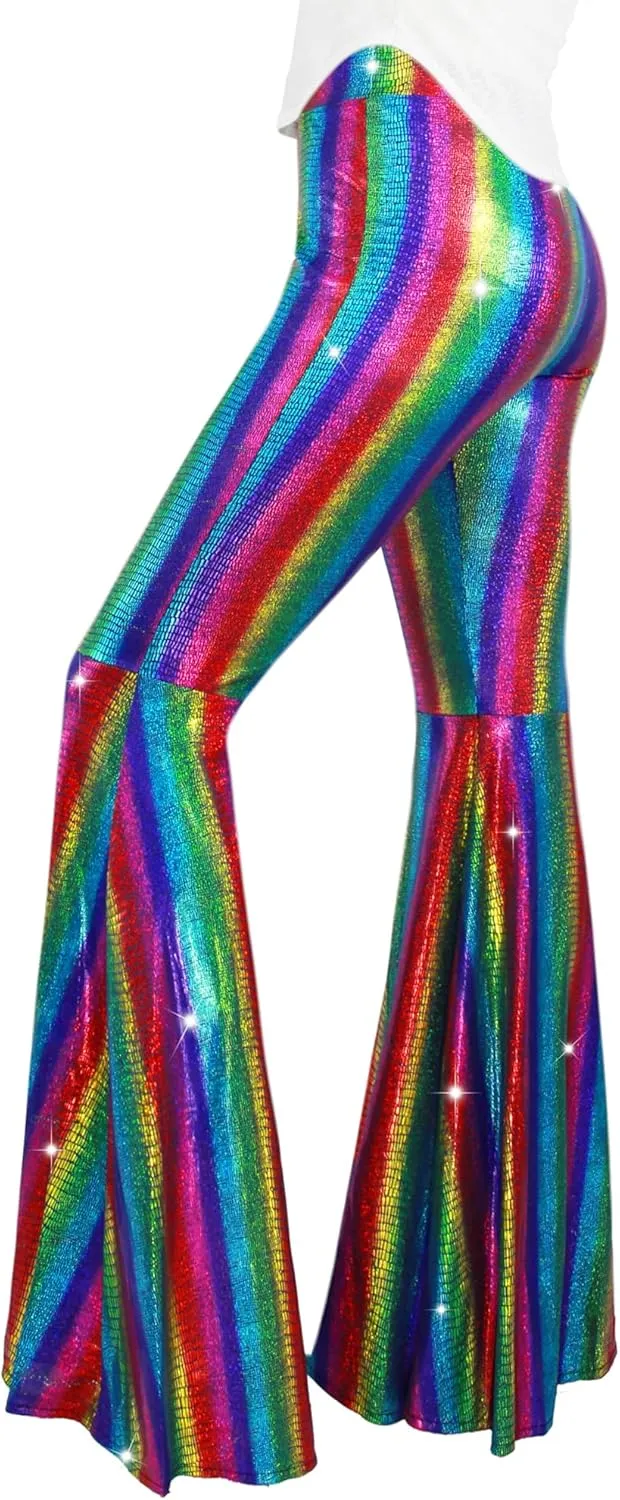 Womens Sequin Flare Pant Sparkly High Waisted Leg Bell Bottom Glitter Trousers Night Out Clubwear