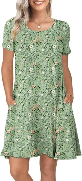 Women's Summer Casual Short Sleeve Crew Neck T Shirt Dresses Loose Swing with Pockets