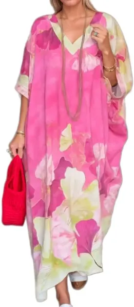 Women's Summer Colorful Floral V Neck Maxi Dress Casual Plus Size Bohemian Beach Vacation Kaftan Dress