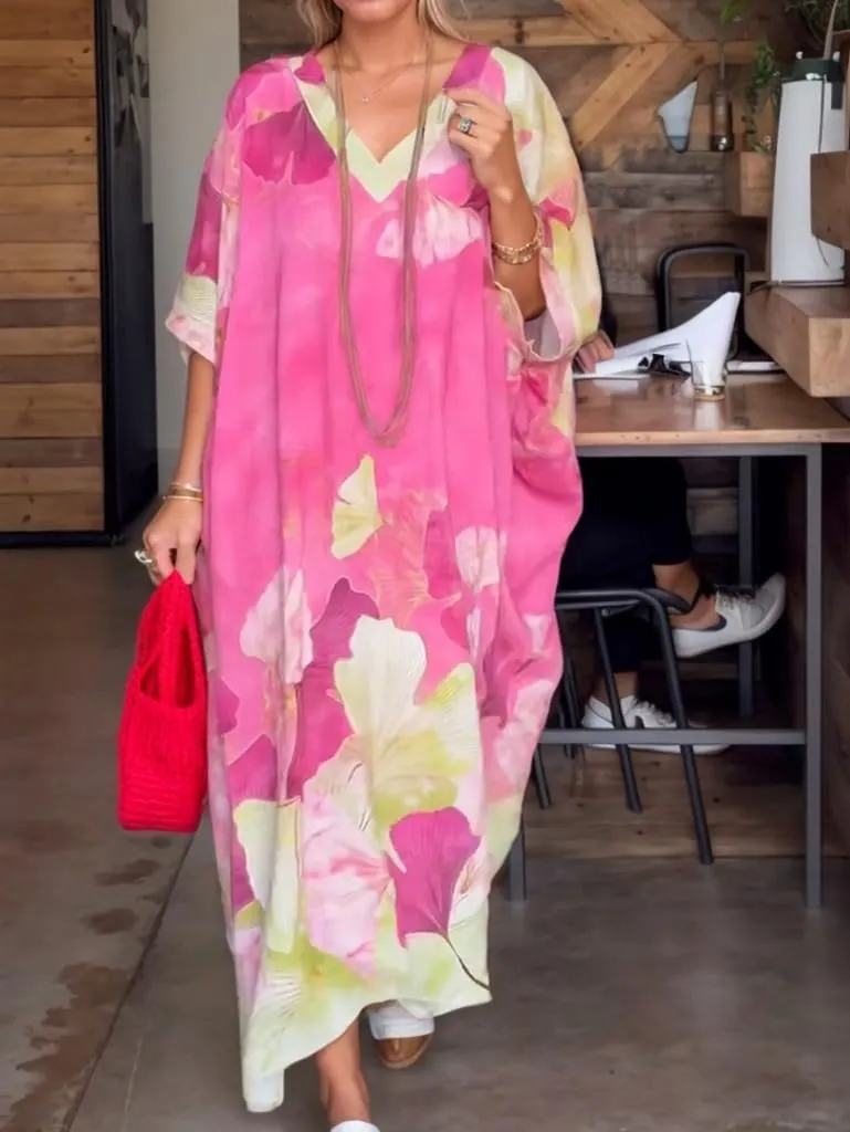 Women's Summer Colorful Floral V Neck Maxi Dress Casual Plus Size Bohemian Beach Vacation Kaftan Dress