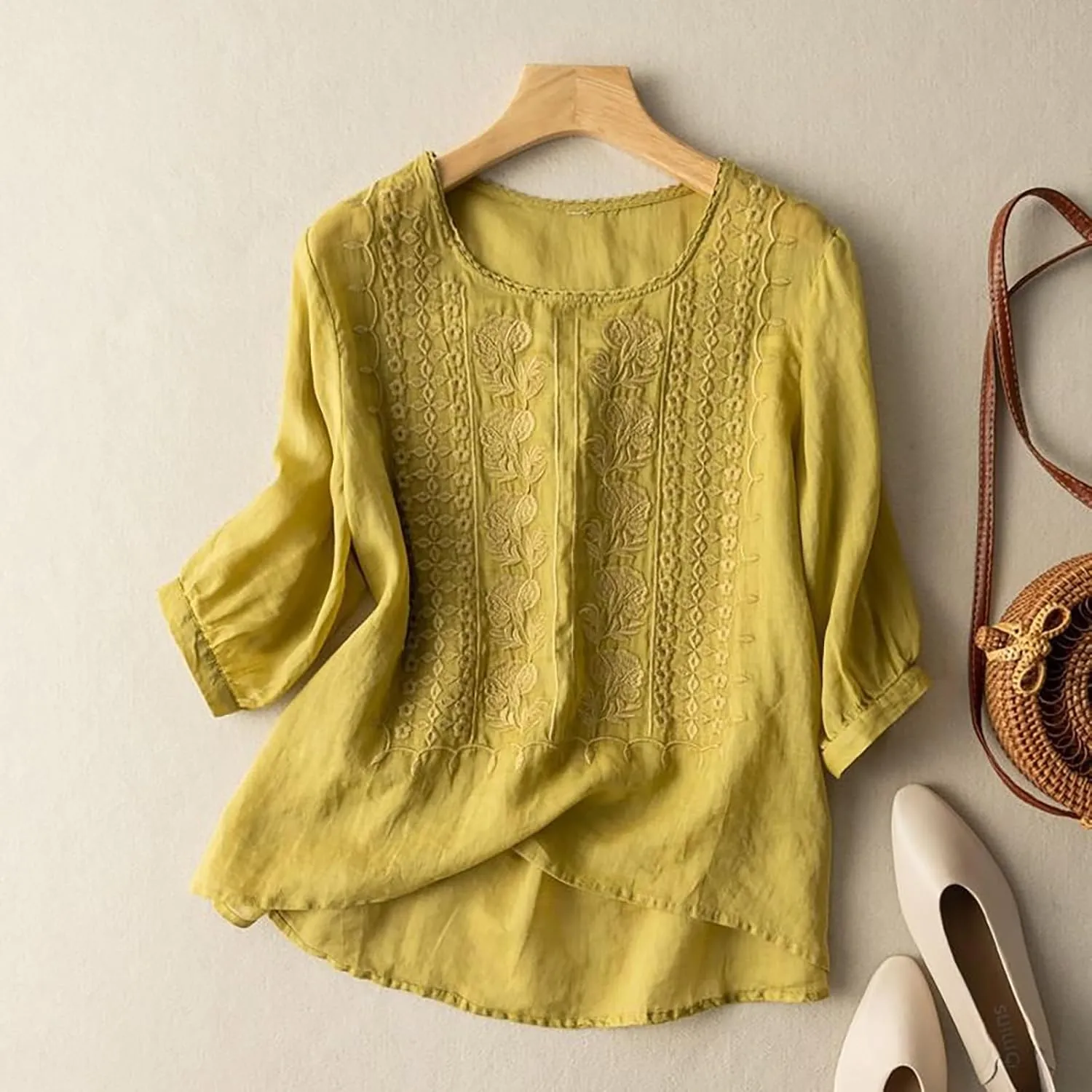 Womens Tops 2025 3/4 Sleeve Tunic Tops Casual Peplum Flowy Shirts Oversized Linen Boho Blouses Beach Vacation Blouse