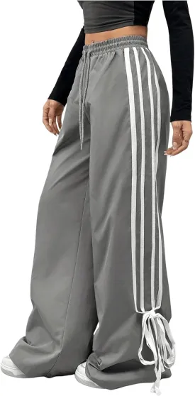 Women's Y2K Baggy Bow Wide Leg Pants Striped Track Elastic Waist Long Sweatpants Parachute Pants