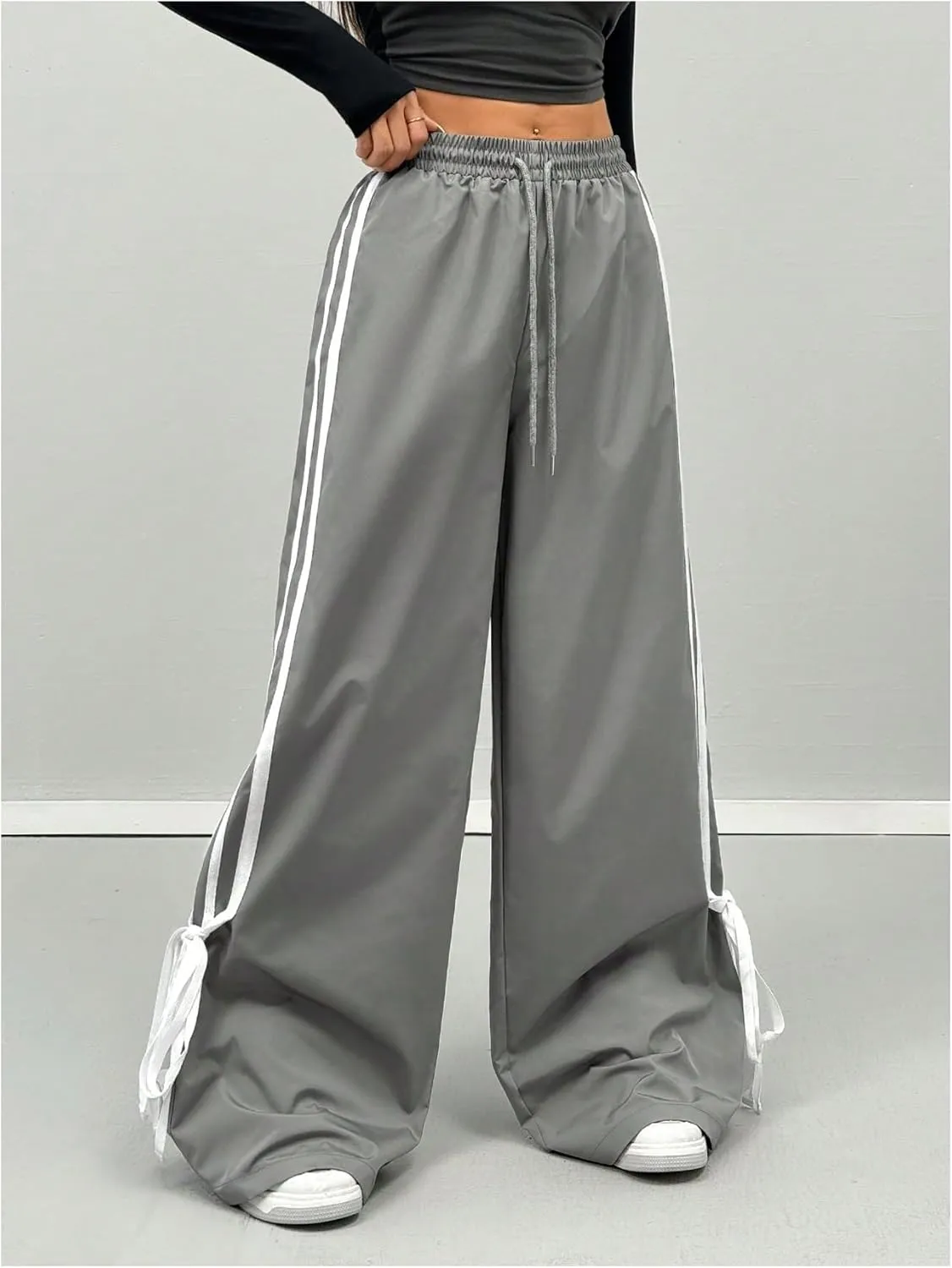 Women's Y2K Baggy Bow Wide Leg Pants Striped Track Elastic Waist Long Sweatpants Parachute Pants