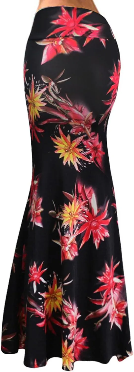Xixiuly Women's Flower Print Fold Over Skirt High Waist Maxi Skirt Summer Beach Long Skirt