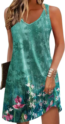 Zeagoo Womens Summer Dress 2025 Loose V Neck Sleeveless Sundresses Swimsuit Coverup with Pockets Floral Tank Dresses