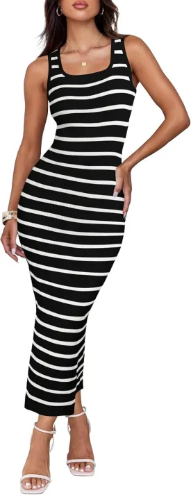ZESICA Women's Summer Square Neck Bodycon Midi Dresses 2025 Casual Sleeveless Ribbed Knit Striped Beach Vacation Long Dress