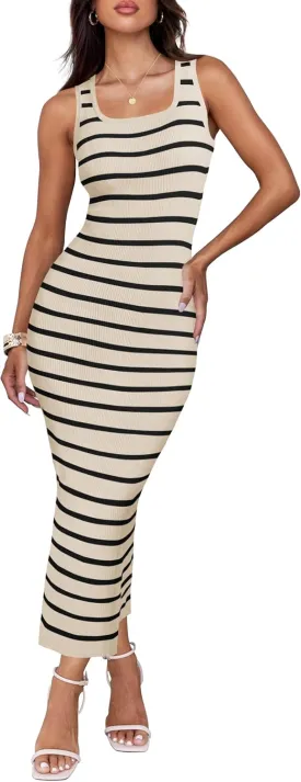 ZESICA Women's Summer Square Neck Bodycon Midi Dresses 2025 Casual Sleeveless Ribbed Knit Striped Beach Vacation Long Dress