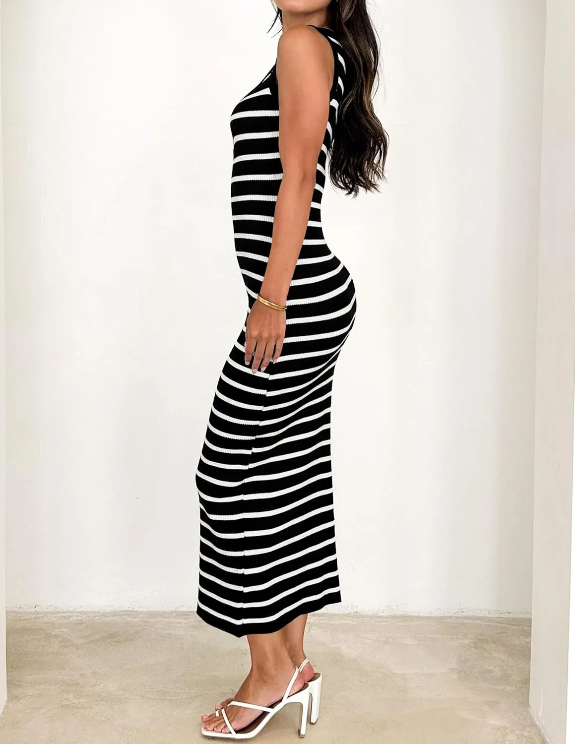 ZESICA Women's Summer Square Neck Bodycon Midi Dresses 2025 Casual Sleeveless Ribbed Knit Striped Beach Vacation Long Dress