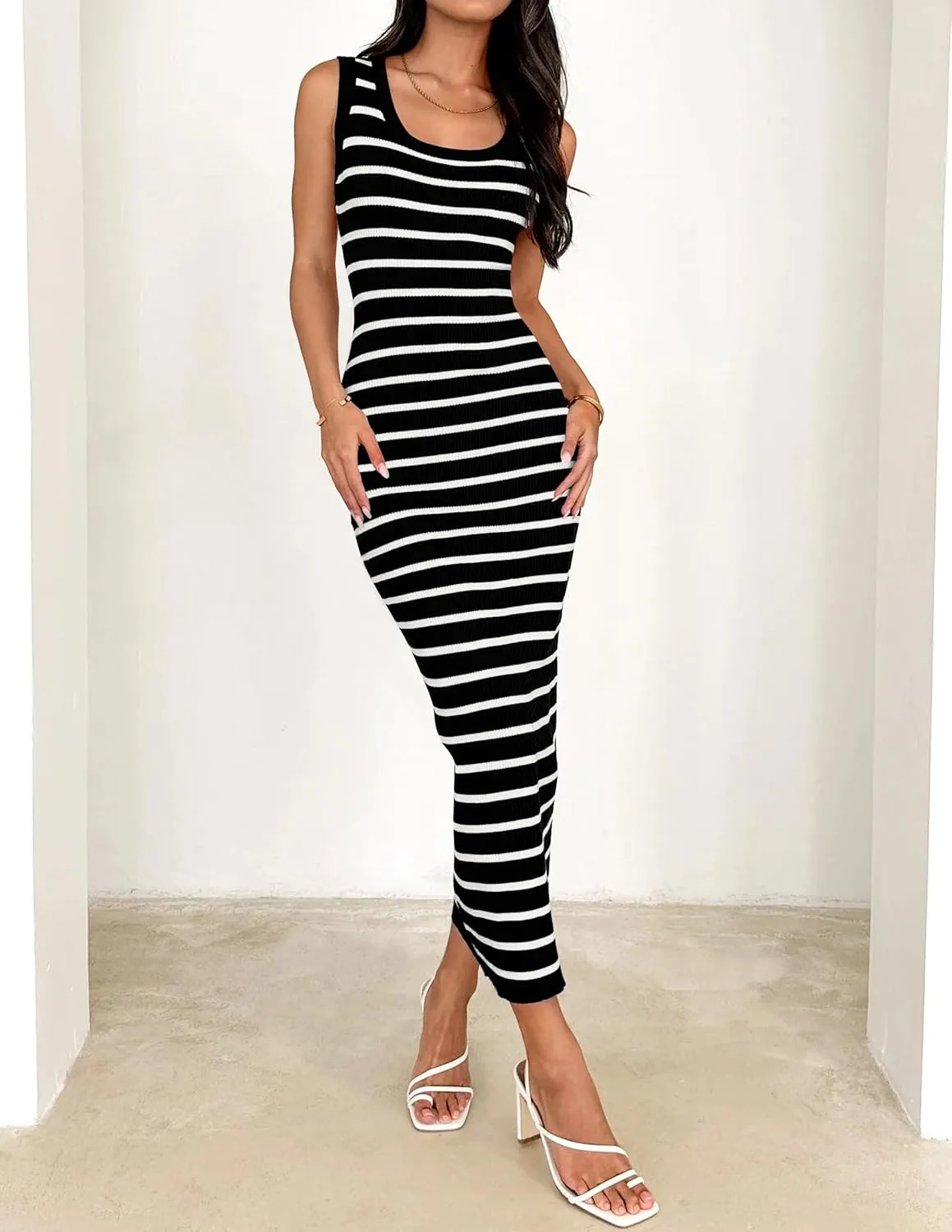 ZESICA Women's Summer Square Neck Bodycon Midi Dresses 2025 Casual Sleeveless Ribbed Knit Striped Beach Vacation Long Dress