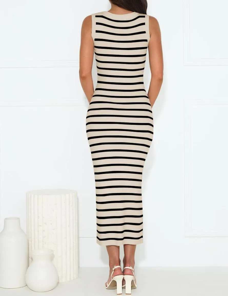 ZESICA Women's Summer Square Neck Bodycon Midi Dresses 2025 Casual Sleeveless Ribbed Knit Striped Beach Vacation Long Dress