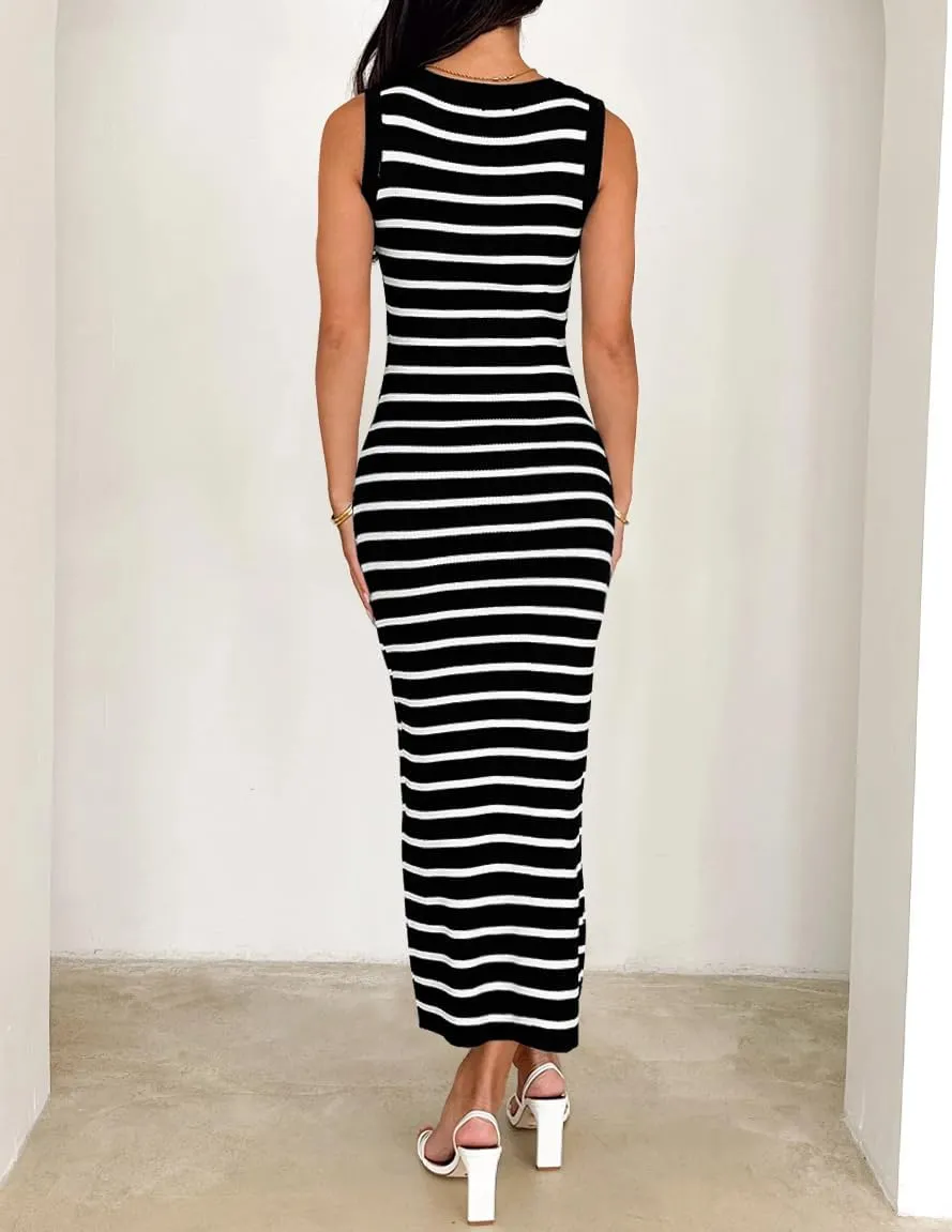 ZESICA Women's Summer Square Neck Bodycon Midi Dresses 2025 Casual Sleeveless Ribbed Knit Striped Beach Vacation Long Dress